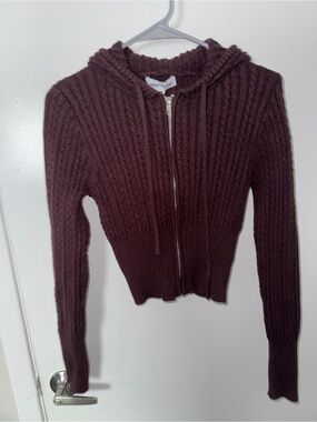 Cable-Knit Zip Hoodie Cardigan in Deep Plum